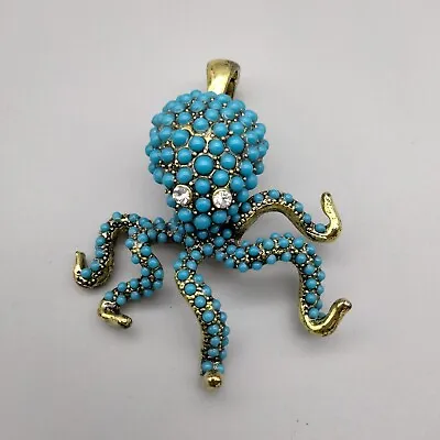 Octopus Faux Turquoise Rhinestone Gold Tone Magnetic Pendant Vintage Signed RMN • $28.99