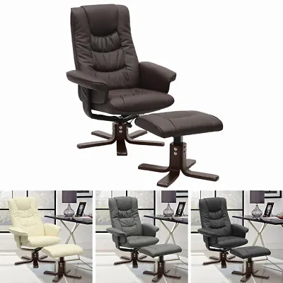 Swivel PU Armchair Cinema Sofa Office Padded Seat Recliner Chair With Footstool • £179.95