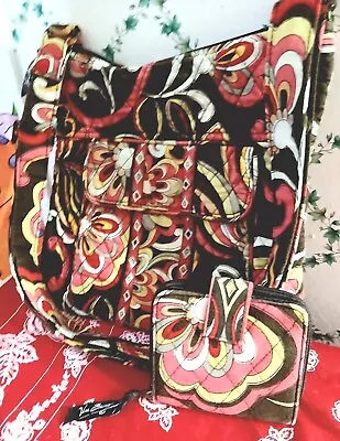 Vera Bradley Puccini Brown Yellow Orange Triple Zip Hipster Shoulder Bag+wallet! • $7.99