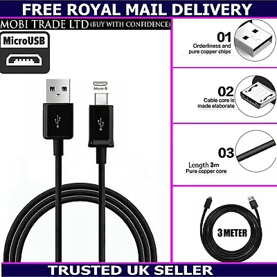 New 3M Extra Long Micro-USB Data Sync Charger Cable Charging Lead For All Phones • £3.29