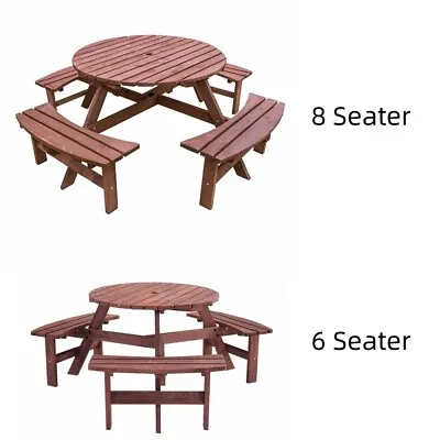 6/8 Seater Wooden Round Picnic Table Bench Set Garden Furniture Set Outdoor Park • £105.99