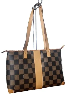 Vintage FENDI Pecan Check Coated Canvas Large Top Zip Slim Tote Shoulderbag • $79