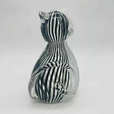 Vintage Murano Style Art Glass Cat Black And White Stripes 4” Tall • $25