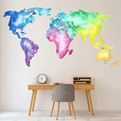 Bright Watercolour World Map Wall Sticker WS-51372 • £12.98