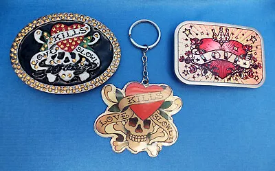 Vtg Don Ed Hardy LOVE KILLS SLOWLY Belt Buckle+Key Chain+Buckle-Down Crown Heart • $45