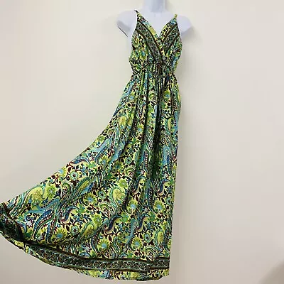 Green Hippie Maxi Dress Indian Festival Boho One Size Satin Long Holiday Long • £24.99