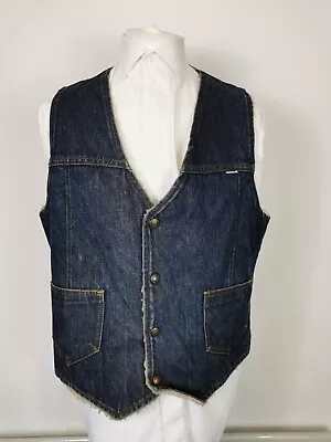 Vintage Men's Blue Denim Fleece Western Cowboy Snap Gilet Waistcoat Vest Size 42 • £28.95