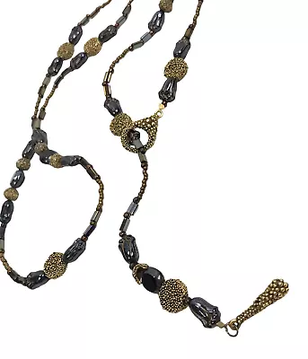 Vintage Handmade Glass Bead Long Lariat Strand Necklace Black Czech Tulip Flower • $19.99