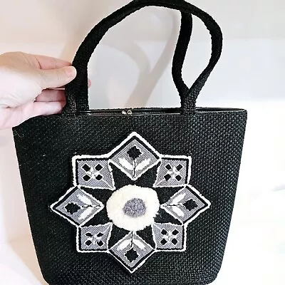 Vintage JR Miami Black White Purse Floral Needlepoint Tapestry Handbag Tote • $45.96