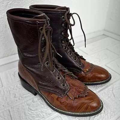 Laredo Lace Up Roper Brown Boots Kiltie Granny 2 Tone Tooled Steampunk USA  6M • $80