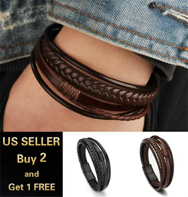 Men Jewelry Black Braided Leather Bracelet Multi-Layer Stainless Steel Clasp A • $5.99