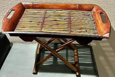 VTG MCM Bamboo Tray Table Plant Stand Tortoise Shell Tiki Boho Foldable Bentwood • $79.99