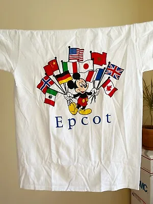 Disney Parks EPCOT Shirt Adult Large L White Mickey Flags Vintage 90s USA • $42