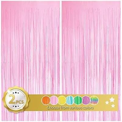 2 Pack Pink Tinsel Foil Fringe Curtains Light Macaron Metallic Curtain Photo Bac • $14.87