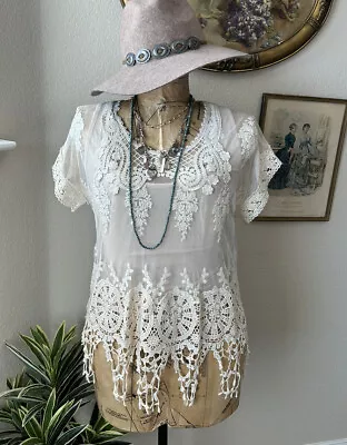 MM Couture By Miss Me Cream Crochet Embroider Lace Boho Western Blouse Sz XS • $14