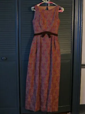 Vtg. 1950's Harry Keiser Brocade Sleeveless Empire Waist Maxi Gown Orange/Purple • $64.95