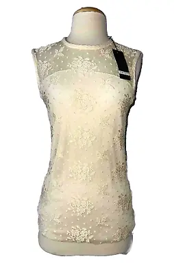 NWT D. EXTERIOR Size XL Lace Sheer Illusion Top Beige Slim Fitted Sleeveless • $29.99