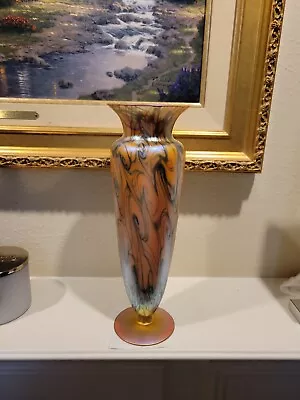 Monumental Quezal King Tut Swirl Pattern Iridescent Art Glass Statement Vase • $2499.99