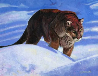 ORIGINAL OIL PAINTING MOUNTAIN LION HUNTING IN THE SNOW Listed Artist NR! • $124