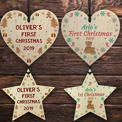 Personalised Baby's First 1st Christmas Wood Heart Star Tree Decoration Bauble • £3.99