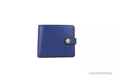 Versace Navy Blue Compact Smooth Leather  Gold Toned Medusa Snap Bifold Wallet • $205