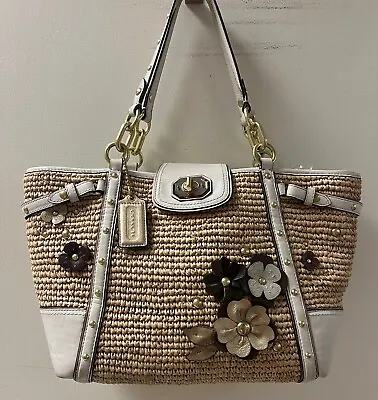 REDUCED: COACH Hamptons Tan Straw Tote With Leather Trim Appliques & Studs • $69