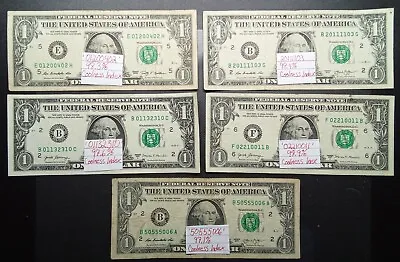 (Lot Of 5) Fancy Serial Number $1 Dollar Bill Super Cool 2x 2013 & 2x 2017A 2009 • $30