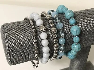 5 Pcs Lot Vintage Mod. Turquoise Baby Blue Silver Tone Stretch Beaded Bracelets  • $6