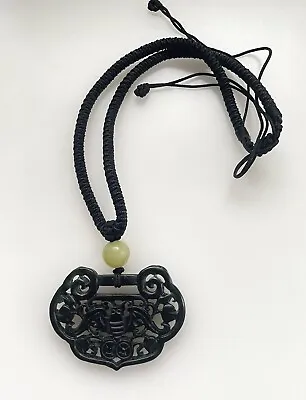 Antique Asian Chinese Black Dark Green Jade Carved Bat Lock Pendant 2.2  • £175