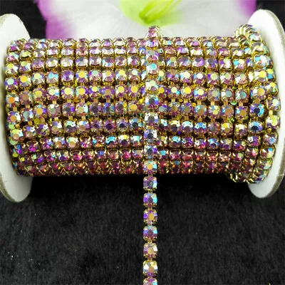  Diy Light Purple AB Crystal Glass Rhinestones Compact Close Golden Chain Trims • $7.99