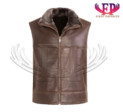 Men's Brown Shearling Leather Vest Full Zip Closure Stylish Winter Waistcoat • $99.20