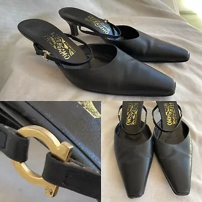 Vintage Salvatore Ferragamo Kitten Heel Slides Black Size 9 But Fits Like 8.5 • $30