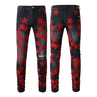 Men's Classic Colors Stars Patches Ripped Acid Washed Skinny Fit Stretch Jeans • $60.25