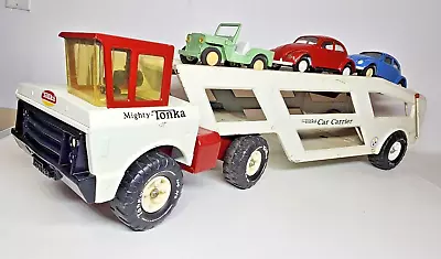 Vintage 1970's Mighty Tonka Car Carrier With Vehicles 1960's VW Beetles & Jeep • $242.25