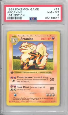 $129.89 • Buy PSA 8 - Pokemon Card - Base 23/102 - ARCANINE *1st Edition* NM-MT