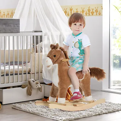 Rocking Horse Plush Animal On Wooden Rockers With Sounds Wooden Base Brown • $92.99