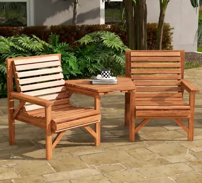 Garden Love Seat Rustic Companion Bench Set 2 Chairs Outdoor Wooden Patio Table • £136.30