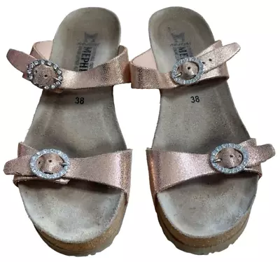 Mephisto Sandals Womens 38 US 8 Rose Gold Pink Lidia Wedges Leather Rhinestone • $39.99