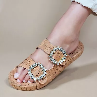 MYSTIQUE Cork City Size 7 Jeweled Padded Slides Sandals Czech Crystals Beige NEW • $185