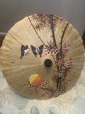 Vintage Rice Paper Bamboo Japanese Umbrella Perisol Hand Painted • $25