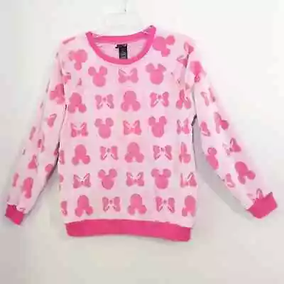 Disney Pink Furry Fleece Embossed Mickey Minnie Mouse Ears Pullover Sweatshirt M • $30