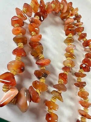 Vintage Necklace Orange Glass Stone Beads Brushed Gold 22 Inches Barrel Clasp • $29