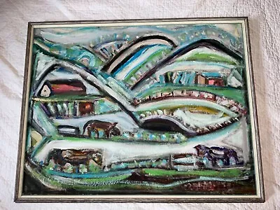 VINTAGE Abstract Original Oil PAINTING Mid Century Landscape Cubism Farmland • $562