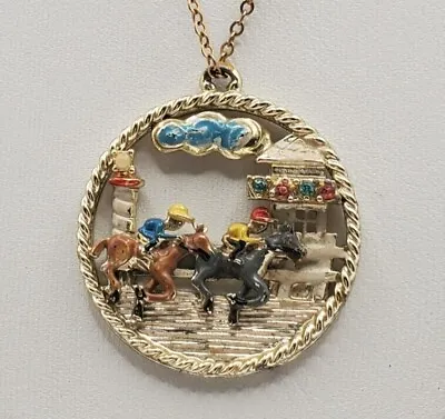 Vintage Enamel Horse Racing Jockey Scene Pendant Necklace Equestrian Rhinestone • $24