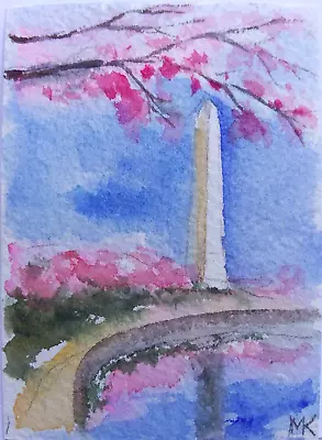 ACEO Original Watercolor Painting - Cherry Blossom Washington    - 2.5X3.5in MK • $8