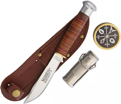 Marbles Fixed Blade Stacked Leather Knife Gift Set + Compass & Match Case 303 • $35.18