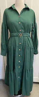 SASSY Green Cotton Linen Tiered Long Sleeve Maxi Dress With Belt Size 14 • $34