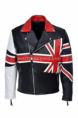 BRANDO Union Jack Men's Biker Jacket Biker Black | Flagged REAL HIDE LEATHER MBF • £99