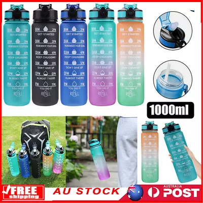 1L Water Bottle Motivational Drink Flask With Time Markings BPA Free Sport Gym • $11.29