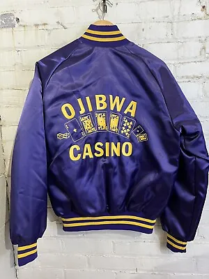 Vintage 80s Purple Satin Jacket Medium Ojibwa Casino WI Dice Gamble Player • $18